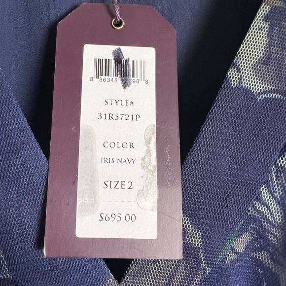 Marchesa Voyage Iris Blue Sheer Pleated Floral Print V-Neck Midi Dress 2 - Picture 16 of 16